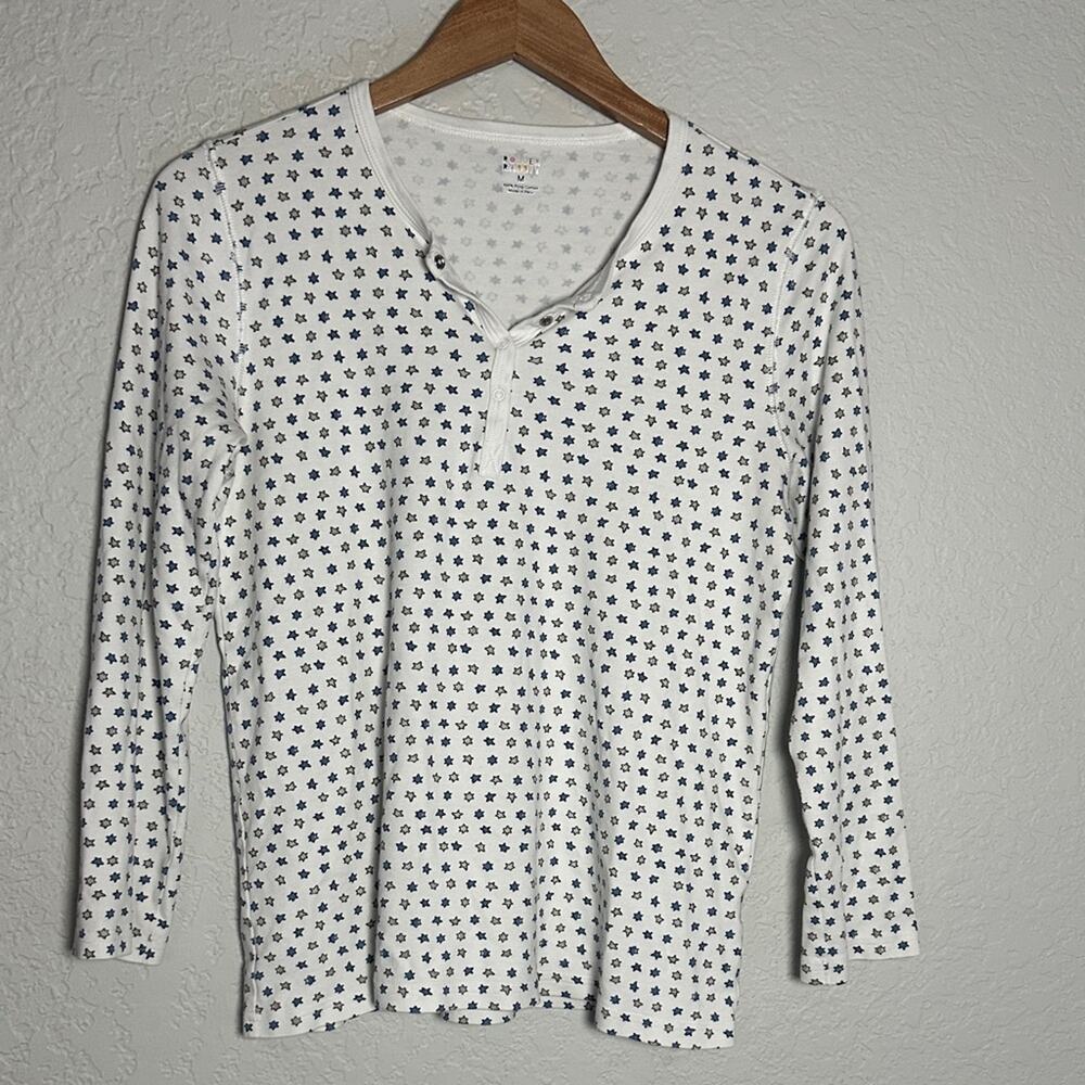 Roller Rabbit White Gray Blue Star Print Top Pajama Loungewear Pima Cotton